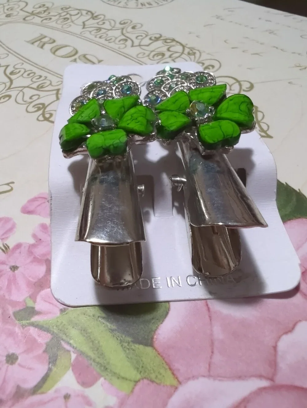 Pair of New / Old Stock Silver Tone Green Jeweled Pelican Style Hair Clips